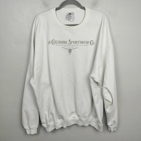 Vintage Columbia Sweatshirt Men XXL White Longhorn Skull Graphic Pullover Fleece - Picture 1 of 9